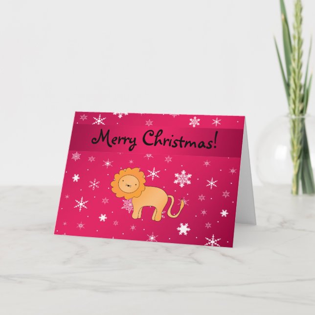 Personalised name lion pink snowflakes holiday card (Front)