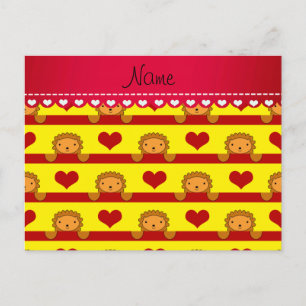 Personalised name lion yellow hearts stripes postcard