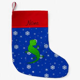 Personalised name lizard blue snowflakes small christmas stocking