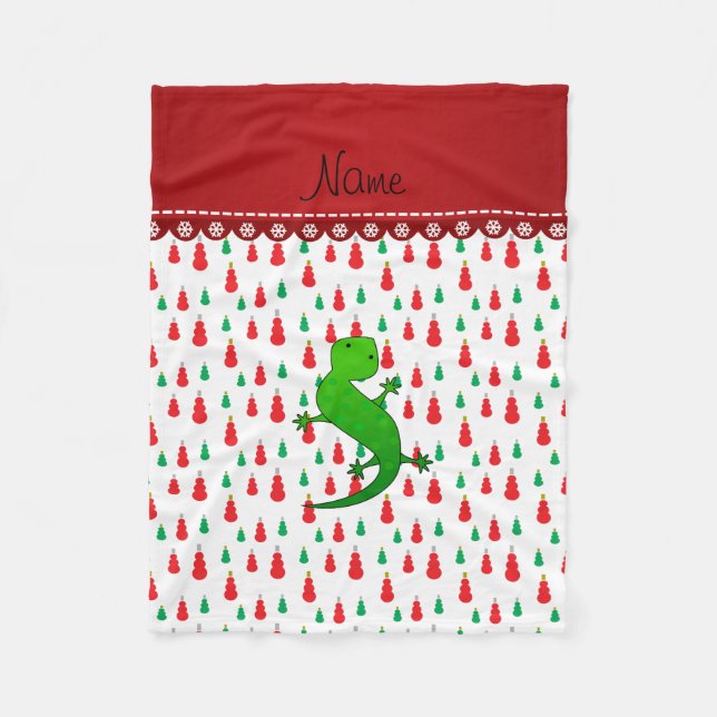 Personalised name lizard green red snowmen fleece blanket (Front)