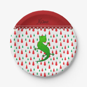 Personalised name lizard green red snowmen paper plate