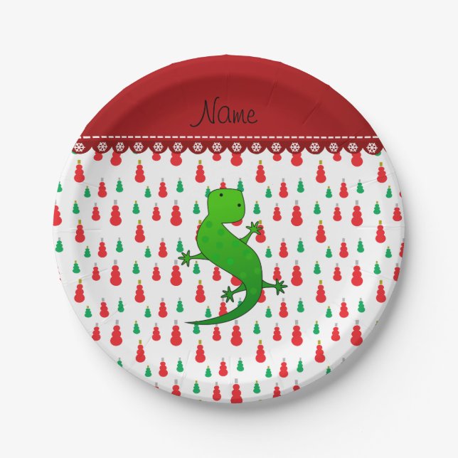 Personalised name lizard green red snowmen paper plate (Front)