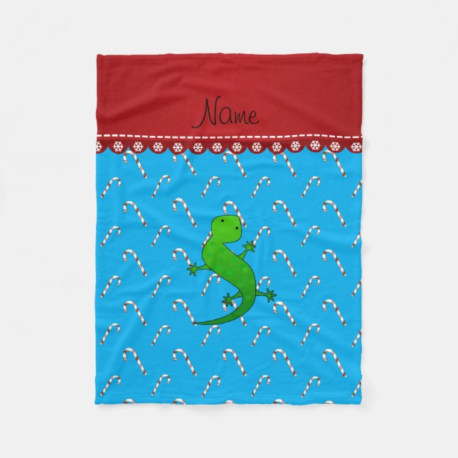 Personalised name lizard sky blue candy canes fleece blanket (Front)