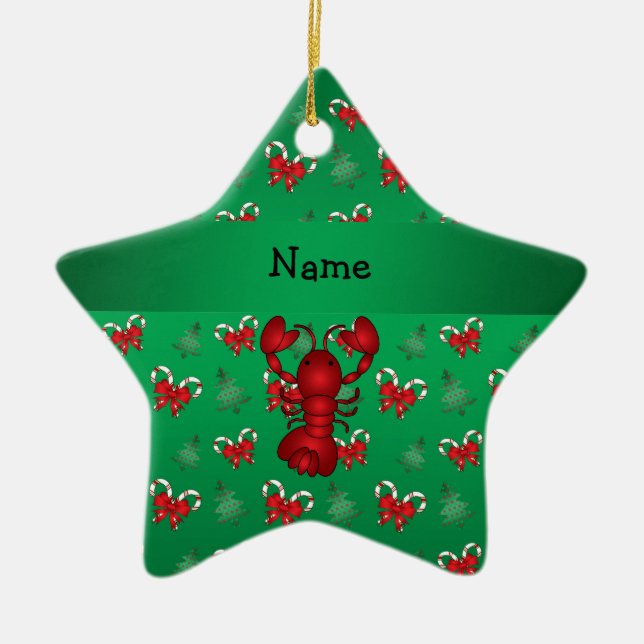 Personalised name lobster green candy canes bows ceramic ornament (Front)