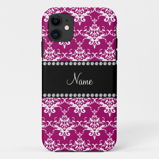 Personalised name magenta pink white damask Case-Mate iPhone case (Back)