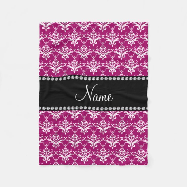 Personalised name magenta pink white damask fleece blanket (Front)