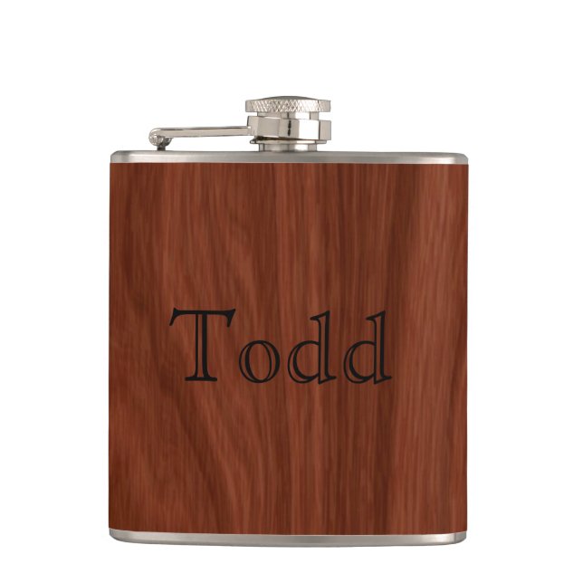Personalised Name | Mahogany Woodgrain Pattern Hip Flask (Front)