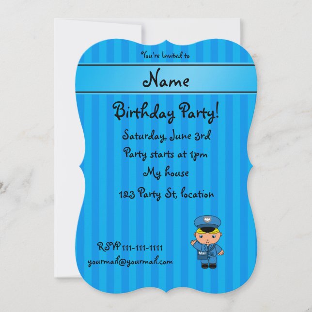Personalised name mailman blue stripes invitation (Front)