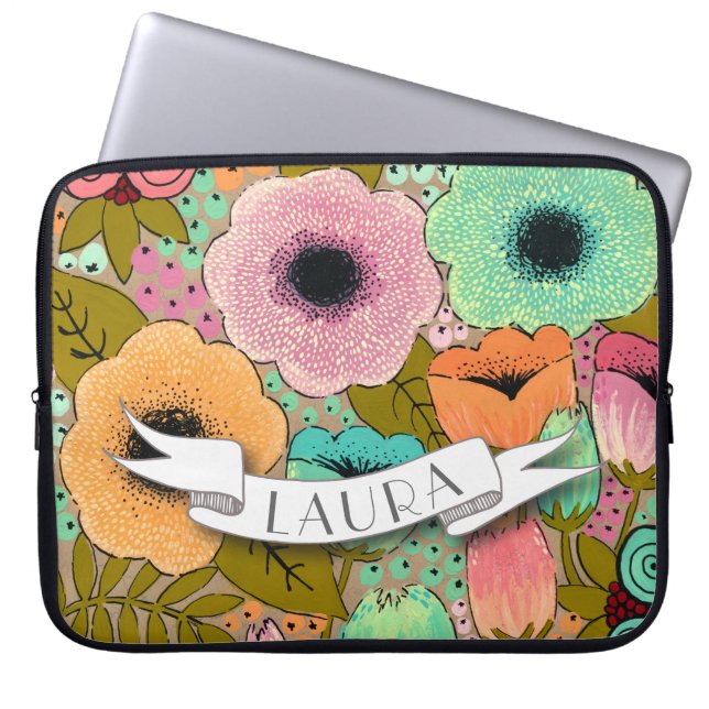 Personalised Name Make Up Designer Painted Floral Laptop Sleeve (Front)