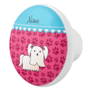 Personalised name maltese pink dog paws ceramic knob
