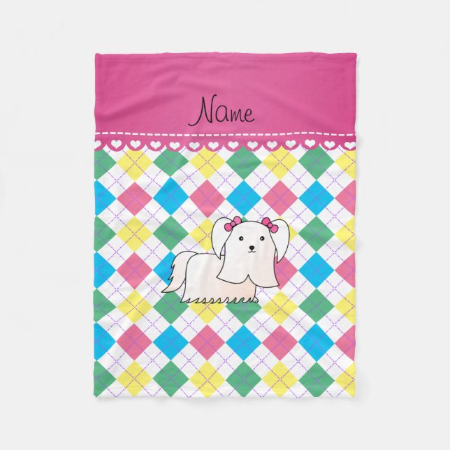 Personalised name maltese rainbow argyle fleece blanket (Front)