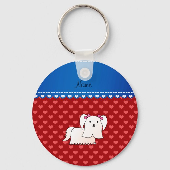 Personalised name maltese red hearts key ring (Front)