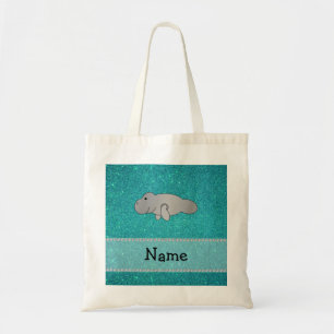 Personalised name manatee turquoise glitter tote bag