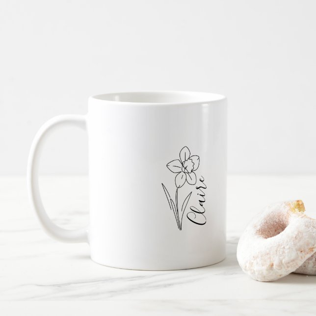Personalised name March daffodil Birth Flower Coffee Mug (With Donut)