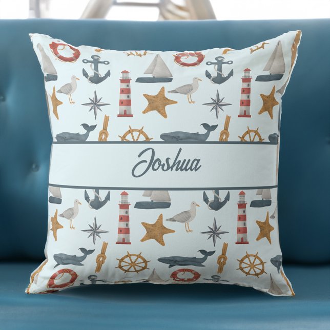 Personalised name marine nautical sailor theme cushion (Personalised name collage marine nautical sailor theme throw pillow boy gifts nursery gifts)