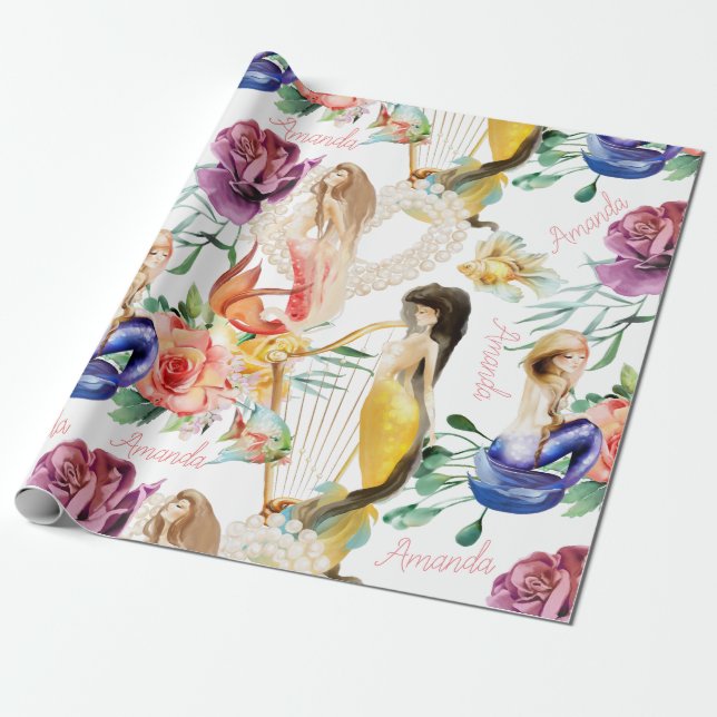 Personalised Name Mermaid Lover Pretty Wrapping Paper (Unrolled)