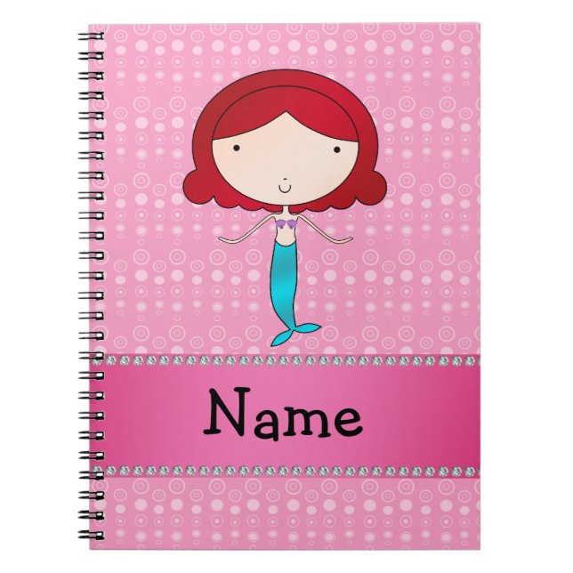 Personalised name mermaid pink bubbles notebook (Front)