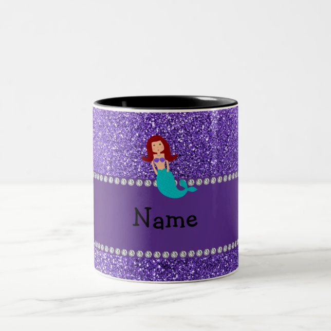 Personalised name mermaid purple glitter Two-Tone coffee mug (Center)