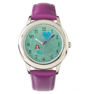 Personalised name mermaid seafoam green glitter watch