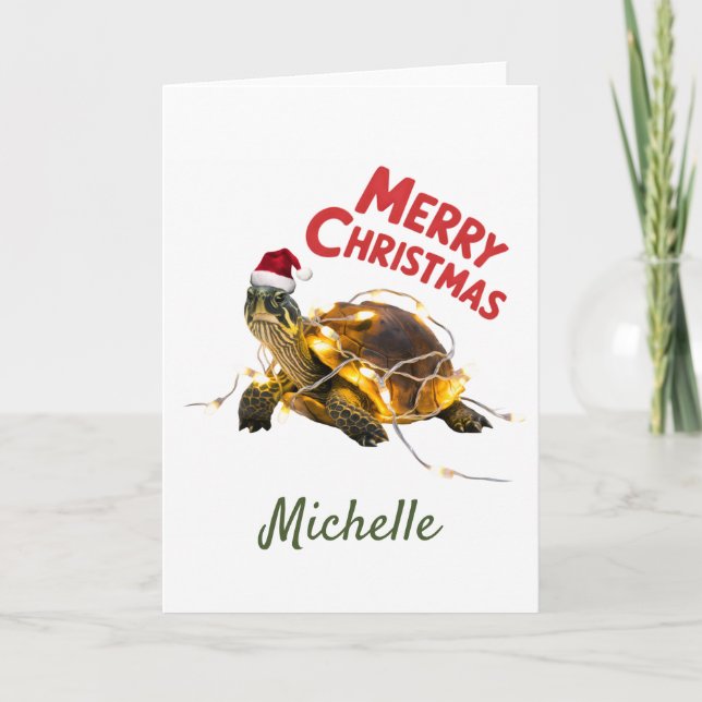 Personalised Name Merry Christmas Turtle in Santa  Card (Front)