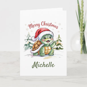 Personalised Name Merry Christmas Turtle in Santa  Card