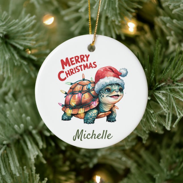 Personalised Name Merry Christmas Turtle in Santa  Ceramic Ornament (Tree)