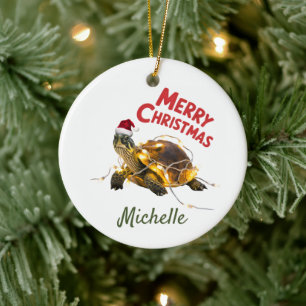 Personalised Name Merry Christmas Turtle in Santa  Ceramic Ornament
