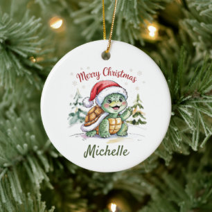 Personalised Name Merry Christmas Turtle in Santa  Ceramic Ornament
