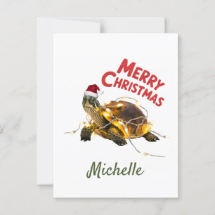 Personalised Name Merry Christmas Turtle in Santa  Postcard