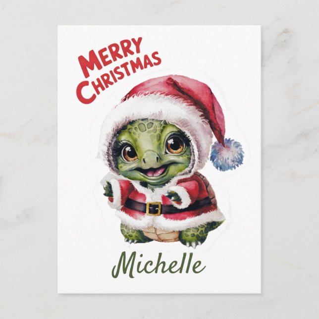 Personalised Name Merry Christmas Turtle in Santa  Postcard (Front)