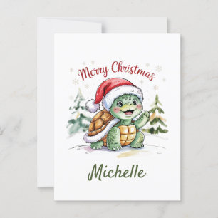 Personalised Name Merry Christmas Turtle in Santa  Postcard
