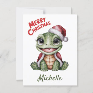 Personalised Name Merry Christmas Turtle in Santa  Postcard