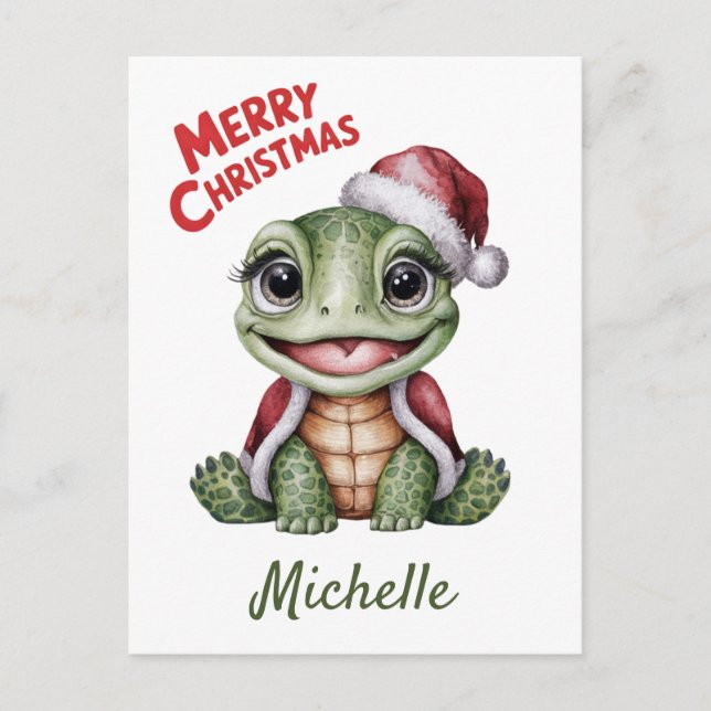 Personalised Name Merry Christmas Turtle in Santa  Postcard (Front)