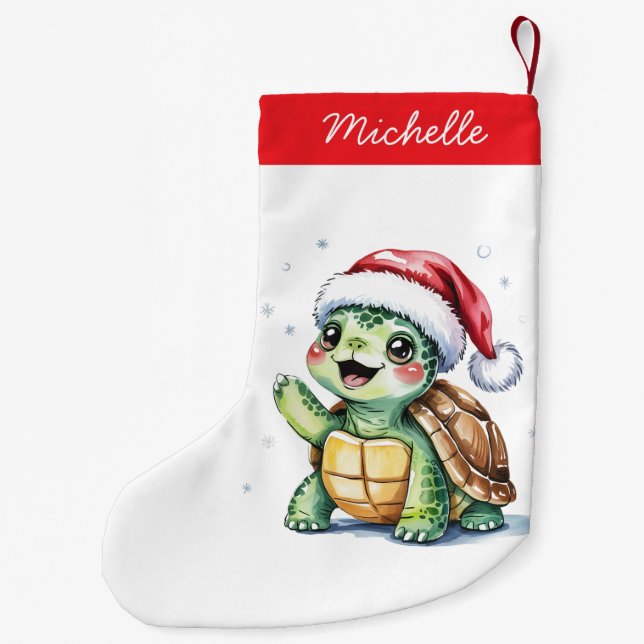 Personalised Name Merry Christmas Turtle in Santa  Small Christmas Stocking (Back)