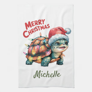 Personalised Name Merry Christmas Turtle in Santa Tea Towel