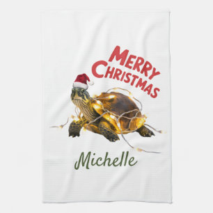 Personalised Name Merry Christmas Turtle in Santa  Tea Towel