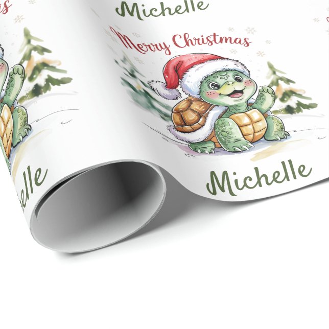 Personalised Name Merry Christmas Turtle in Santa  Wrapping Paper (Roll Corner)