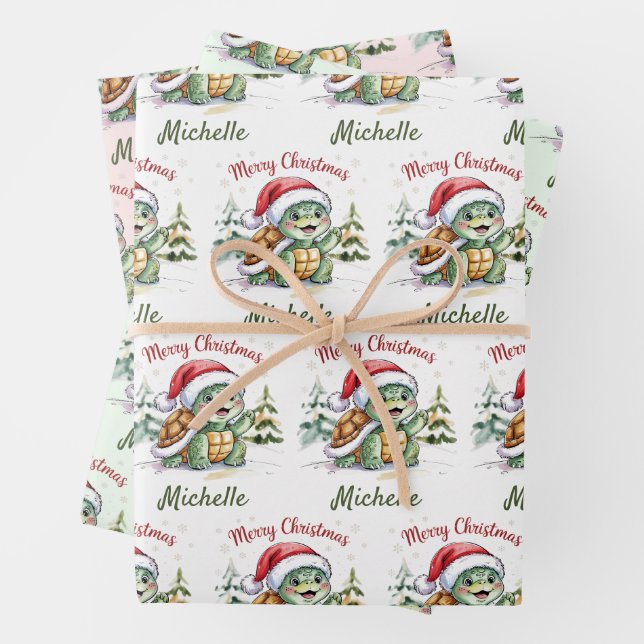 Personalised Name Merry Christmas Turtle in Santa  Wrapping Paper Sheet (In situ)