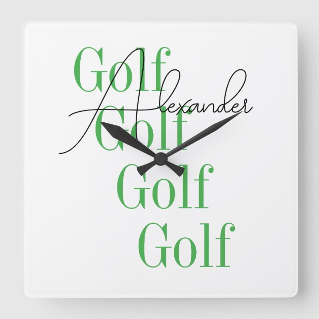 Personalised Name Minimal Golf Typography Square Wall Clock (Front)