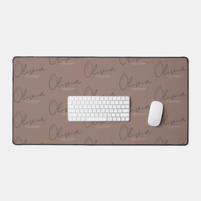 Personalised Name Minimalist Mocha Brown Script Desk Mat (Keyboard & Mouse)