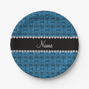 Personalised name misty blue moroccan trellis paper plate