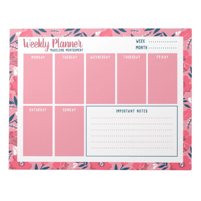 Personalised Name Modern Floral Weekly Planner Notepad (Front)