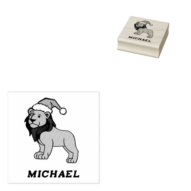 Personalised Name  Modern Lion Wearing Santa Hat   Rubber Stamp (Stamped)