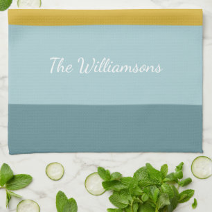 Personalised Name Modern Soft Blue Yellow Stripes Tea Towel