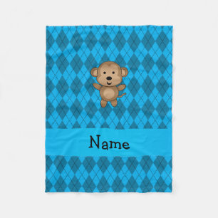 Personalised name monkey blue argyle fleece blanket