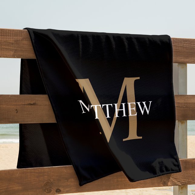 Personalised Name Monogram Black Beach Towel (This beach towel is all about you. Customize it with your name and monogram.)
