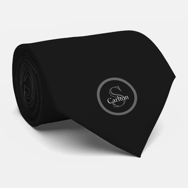 Personalised Name Monogram Black Charcoal Grey Tie (Rolled)