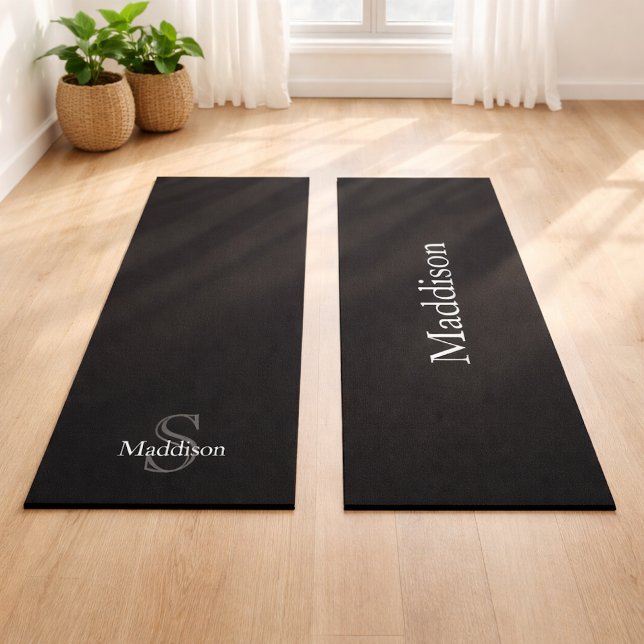 Personalised Name Monogram Black Charcoal Grey Yoga Mat (Creator Uploaded)