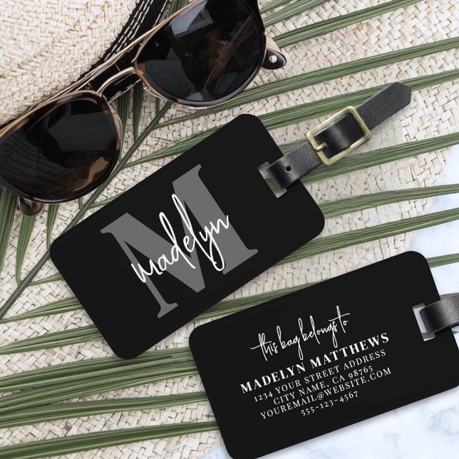 Personalised Name Monogram Black Luggage Tag (Black Elegant Monogram Name Luggage Tag )