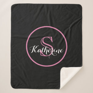Personalised Name Monogram Black Pink Sherpa Blanket